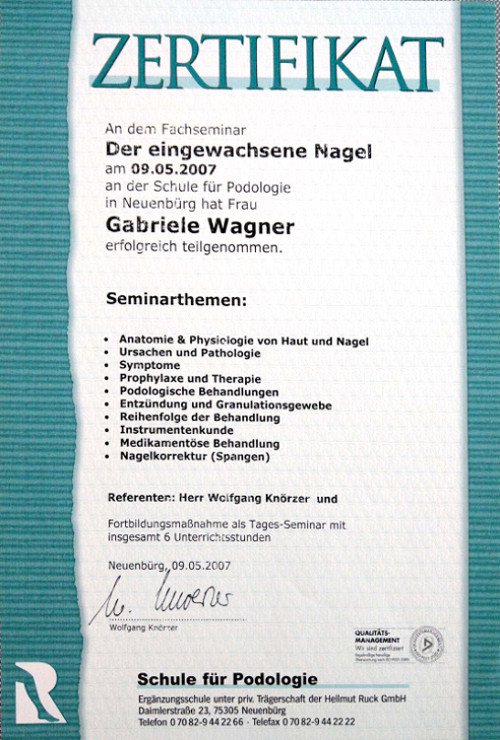 Zertifikat - Fachseminar: Der eingewachsene Nagel