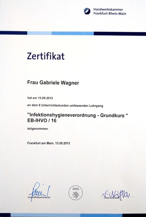 Zertifikat - Infektionshygieneverordnung (EB-IHVO / 16)